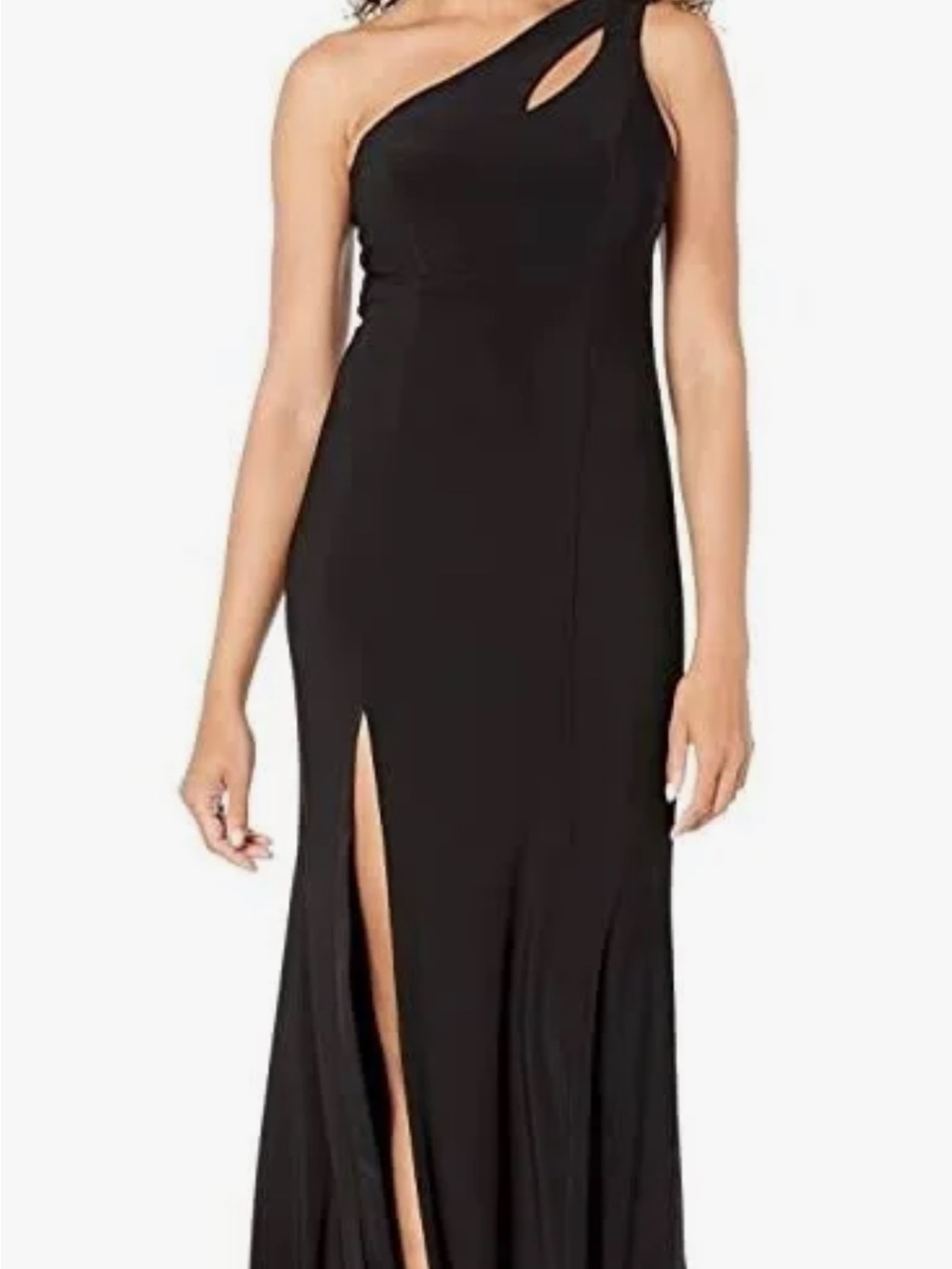 Xscape Black One-Shoulder Evening Gown with Cutout and High Slit